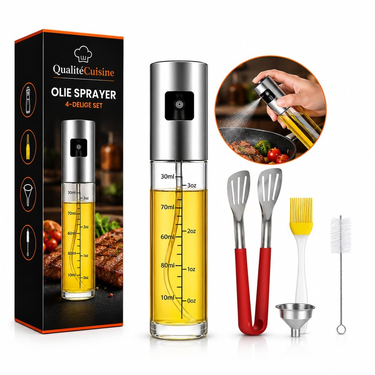 QualitéCuisine® Olijfolie Sprayer 100ml – Vernieuwde Versie – Olie Sprayfles / Olieverstuiver – Airfryer Accessoires – Voor BBQ, Bakken & Koken – Incl. Spatel, Bakkwast, Trechter & Schoonmaakborstel — afbeelding 1