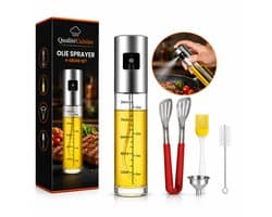 QualitéCuisine® Olijfolie Sprayer 100ml – Vernieuwde Versie – Olie Sprayfles / Olieverstuiver – Airfryer Accessoires – Voor BBQ, Bakken & Koken – Incl. Spatel, Bakkwast, Trechter & Schoonmaakborstel