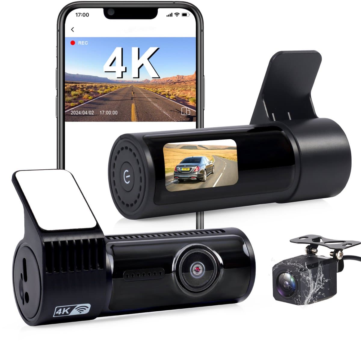 Dashcam voor en achter, 4K met wifi-autocamera met 64 GB SD-kaart, loopopname, G-sensor, app-bediening, super nachtzicht, 170 graden + 140 graden groothoek, veiligere supercondensator — afbeelding 1