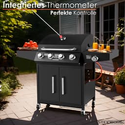 Gasbarbecue 4 Branders met Zijbrander 113 x 54 x 133 cm – RVS Buitenkeuken BBQ Grillwagen met Verlichte Knoppen, Thermometer, Grillroosters, Gasslang & Drukregelaar – Professionele Gasgrill voor Tuin, Camping & Terras – HomebyNicole — thumbnail 5