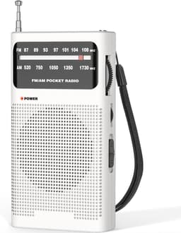 AM/FM-radio draagbaar voor thuis en buiten, transistorradio op 2AA-batterijen met langeafstandsontvangst, luidspreker, transistorantenne, oortelefoonaansluiting, kleine geschenken voor senioren, ouderen - wit — thumbnail 1