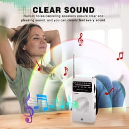 AM/FM-radio draagbaar voor thuis en buiten, transistorradio op 2AA-batterijen met langeafstandsontvangst, luidspreker, transistorantenne, oortelefoonaansluiting, kleine geschenken voor senioren, ouderen - wit — thumbnail 4