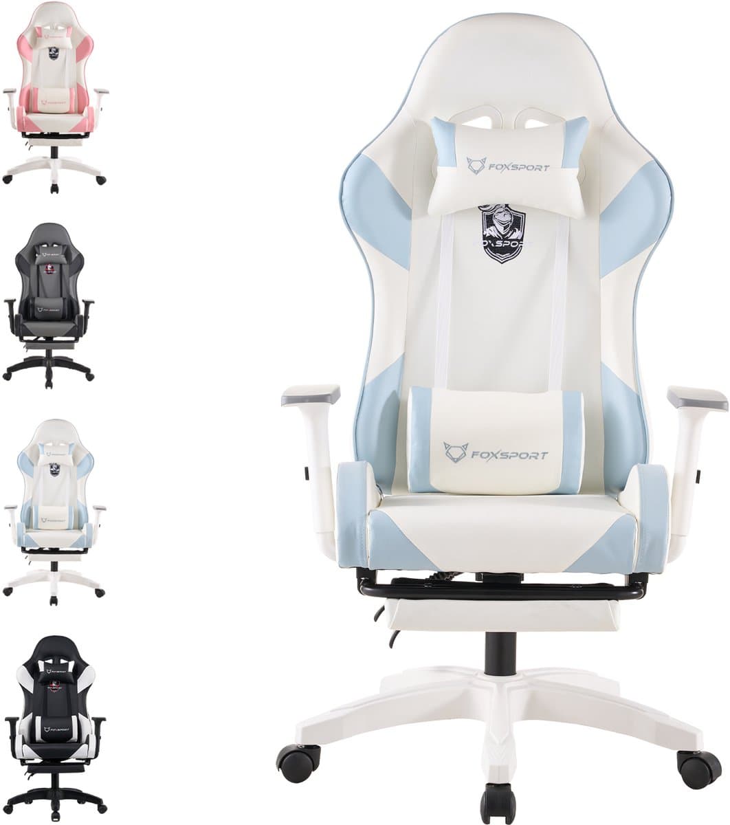 FOXSPORT Gamestoel - Gaming Chair - Ergonomisch - Verstelbaar - Met lendensteun en hoofdsteun - Met voetsteun - Bureaustoel - Racing -Wit / Blauw — afbeelding 1
