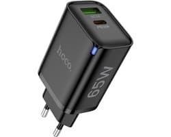 Hoco 65W Stekker - Snellader - 2-poorts USB-C & USB-A Oplader (Power Delivery & QC3.0) - DC88 - Geschikt voor Telefoon, Tablet, Laptop en PC - Zwart