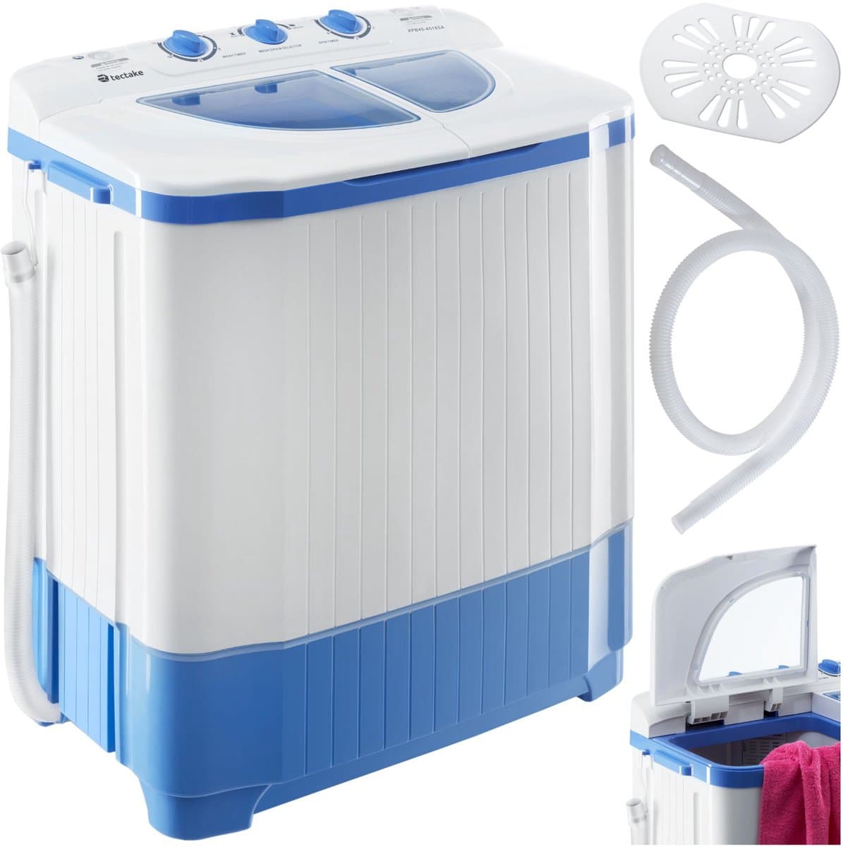 tectake® Mini Wasmachine - Kleine Wasmachine met Dubbele Trommel - Camping Wasmachine - Miniwasmachine met Centrifuge - Was-Droogcombinatie - 4,5kg Wassen, 3,5kg Drogen - Zuinig en Stil - Inclusief Aansluitslang — afbeelding 1