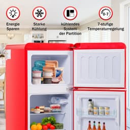 Retro koelkast. Freezer -combinatie. 88,8 cm hoog, 45,5 cm breed, twee dader, met een totaal van 60 liter totaal volume, 22 liter vriezervolume. 102 kWh/jaar, -27 ° C ∽ 13 ° C, LED -licht. Premium rode energieklasse E — thumbnail 5