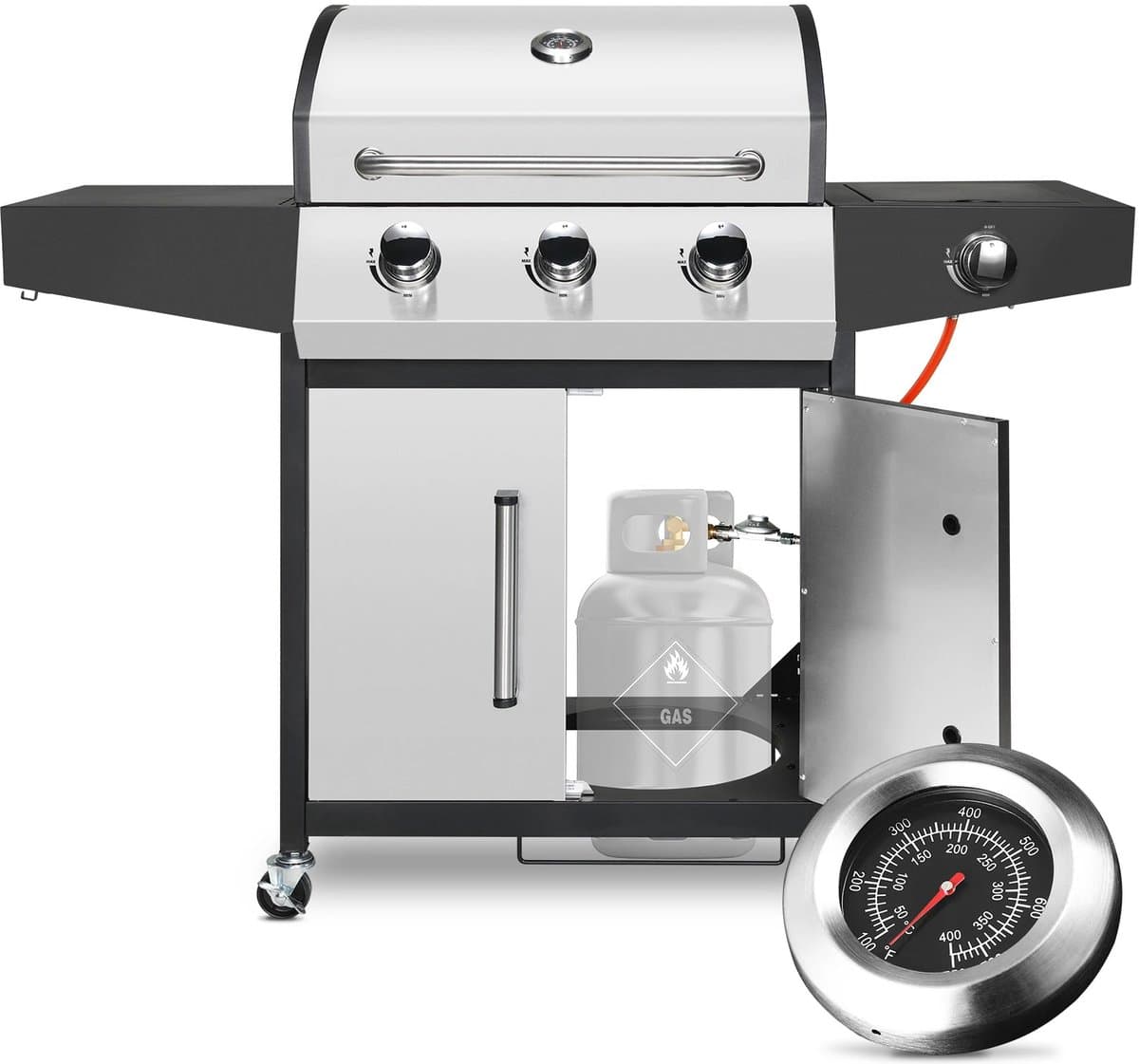 Luxe Grote Gasbarbecue met 3+1 Branders – 34.000 BTU – Roestvrij Staal – Met Zijbrander - Gietijzeren Roosters Temperatuurmeter - Opklapbare Werktafels – Draagbare BBQ op Wielen voor Buiten koken en BBQ Feesten — afbeelding 1