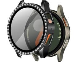 Bandz Diamond hoesje met screenprotector geschikt voor Samsung Galaxy Watch 7 - 44mm case - hardplastic beschermhoes - glazen screen protector - Full cover case + screenprotector (zwart)