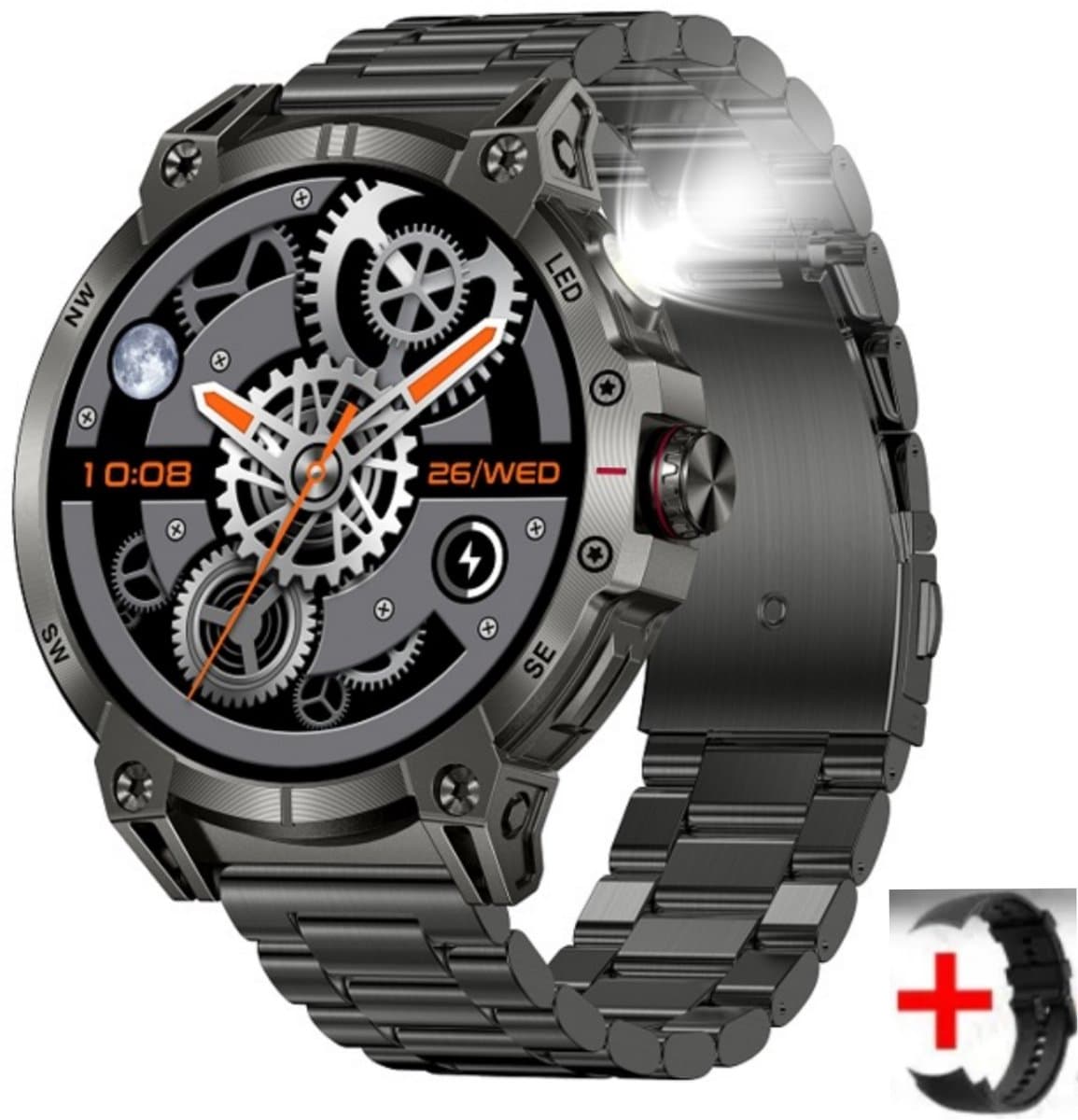 Knobbout 1.85 inch HD Sport Smartwatch - 760mAh Battery -Voorzien van GPS, AI-assistent & Bluetooth-bellen -Alles-in-één: Gezondheid, sport, communicatie & lifestyle-Stijlvol, slim en volledig aanpasbaar aan jouw leven-Zwart staal+ rubber horlogeband — afbeelding 1