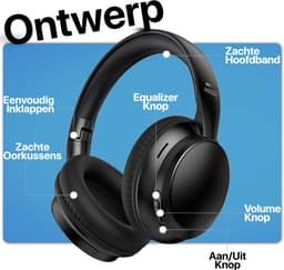 Opvouwbare Koptelefoon Draadloos - Equalizer & Bluetooth 5.4 - Inklapbaar - Over-Ear Headset met Microfoon - 10 Uur Speeltijd - Zwart — thumbnail 2