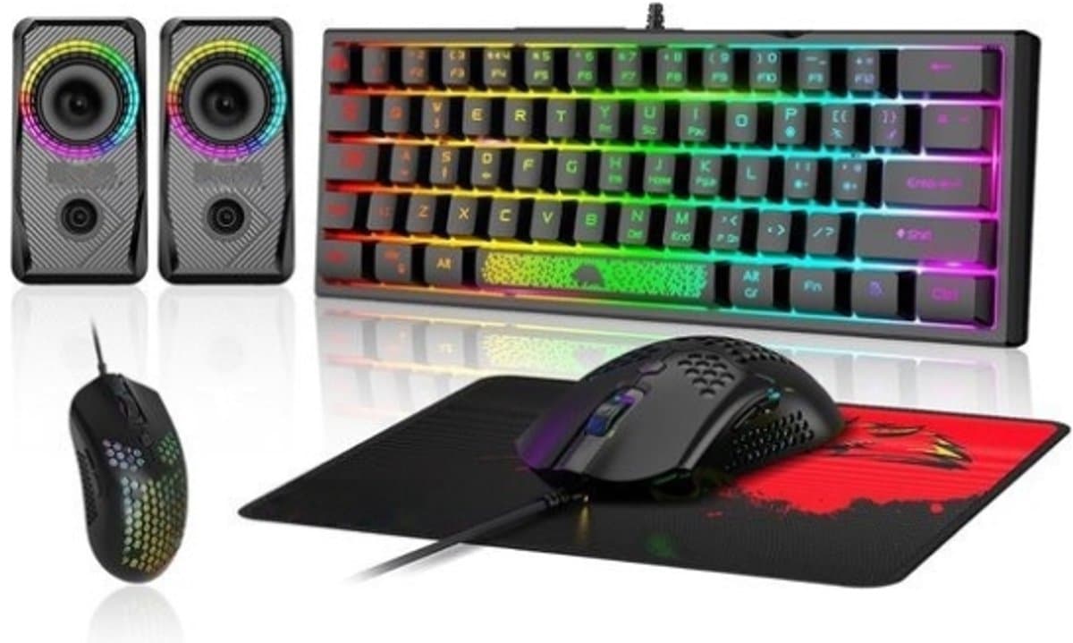 StayPowered 60% Compact Gaming Set - Ultieme RGB Game-ervaring - Mechanische Feeling - QWERTY Layout - Honeycomb 3200 DPI Muis - 3D Stereo RGB Speaker - Verlichte Muismat - Plug & Play - Zwart - Levering Sneller dan Aangegeven! — afbeelding 1