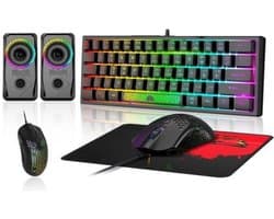 StayPowered 60% Compact Gaming Set - Ultieme RGB Game-ervaring - Mechanische Feeling - QWERTY Layout - Honeycomb 3200 DPI Muis - 3D Stereo RGB Speaker - Verlichte Muismat - Plug & Play - Zwart - Levering Sneller dan Aangegeven!
