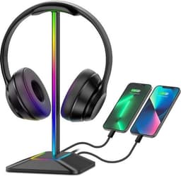 Intelectro Headset Stand - Schitterende Verlichting voor je Setup! - 2 USB Aansluitingen voor het Opladen van Apparaten - Plug & Play - Antislip Pads - TPU Rubberen Gedeelte om Krassen te Voorkomen - Zwart - Levering Sneller dan Aangegeven! — thumbnail 1