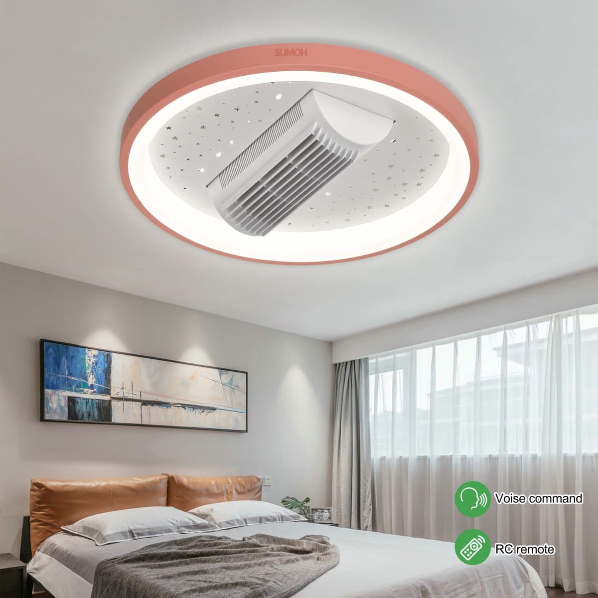 SUMOH® Roze Bladloze Plafondventilator – Plafondlamp – Sterrenlamp Dimbaar LED met Kleurenstanden – Timerfunctie, Stil Geluidsniveau – 120 graden draaibaar – Afstandsbediening – Winter- & Zomerstand – Modern Design 2025 – Slaapkamer – Woonkamer — afbeelding 1