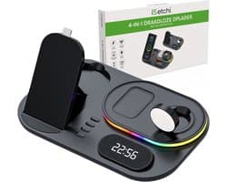 iSetchi 4-in-1 Draadloze Qi Oplader 15 W Snellader – Met LED Klok & Nachtlamp – Qi Oplaadstation – Compatibel met Smartphone, Smartwatch & Oordopjes – Zwart