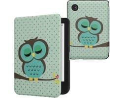kwmobile e-reader hoesje geschikt voor Kobo Clara BW / Colour hoes - E reader flip case met magnetische sluiting - Ereader cover - Slapende Uil design in turquoise / bruin / mintgroen