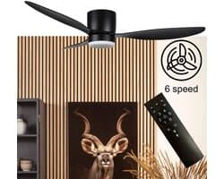 Plafondventilator Brezza Ø 132 cm met verlichting zwart – stille ventilator 2026 – top kwaliteit - energie zuinig – met remote - ventilator voor laag plafond - 6 snelheden - warm wit licht - 3 step DIM systeem - zomer en winter stand — afbeelding 1