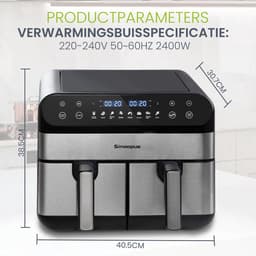 Digitale Airfryer XXL 9L Sinaopus 920 – Heteluchtfriteuse met Dubbele Mand en DualMand Onafhankelijke Snelle Opwarming – Voor Gezinnen – 8 Programma’s – LED Touchscreen – Kijkvenster – Makkelijk te Reinigen – Capaciteit voor 7 Personen — thumbnail 5