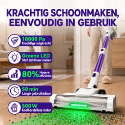 Steelstofzuiger Draadloos 500W - 18.000 Pa - 2-in-1 Kruimeldief - Groene LED - HEPA-filter - Zonder Zak - Wit/Paars — thumbnail 4