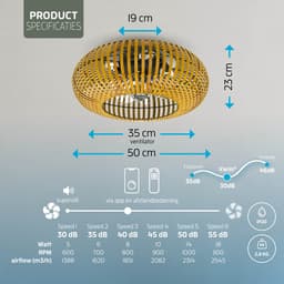 Varin® Smart Ventilator - Bamboe - Tuya Wifi - Ø 50cm - 18W Plafondventilator met verlichting - Smart lamp slaapkamer - Plafonniere kinderkamer - Plafondlampen industrieel - Plafond lamp - Afstandsbediening - Plafond ventilator — thumbnail 4