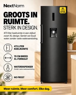 NextNorm NN473-1DVK-B – Luxe XL Enkeldeur Koelkast | Modern | 473L | Black Design | MetalShield | EasyHandle | Display | LedLight — thumbnail 5