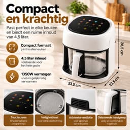 WiREO AirFry™ Airfryer met Glazen Bak - 4,5 Liter - Digitaal Bedieningspaneel - 10 Programma's - 1350W - Zwart/Wit — thumbnail 2