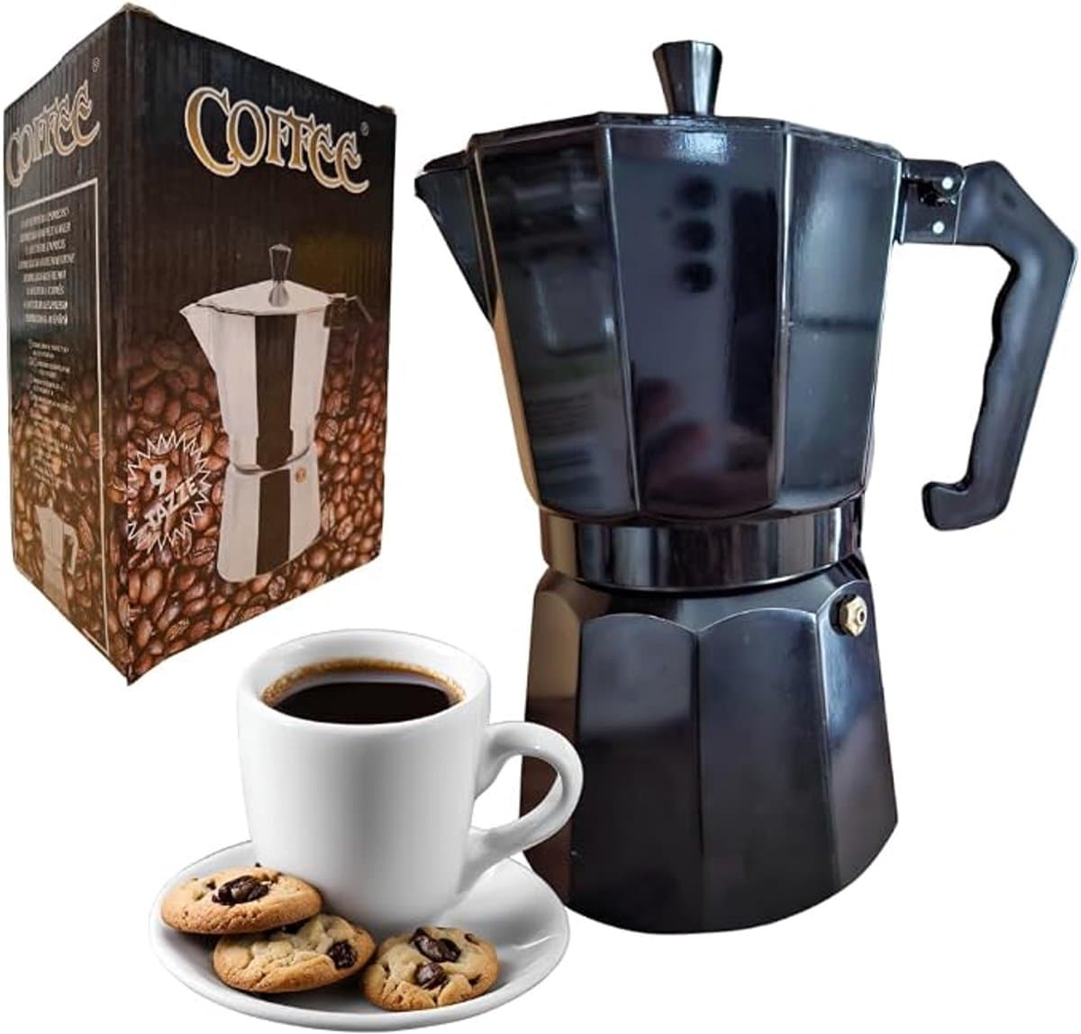 Lifestyleboss Zwarte Moka koffie percolator 150 ml, 3 kopjes, klassieke espressokan -aluminium voor alle warmtebronnen behalve inductie - Italiaans koffiegenot — afbeelding 1