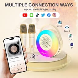Karaoke-machine met 2 draadloze microfoons, Bluetooth-karaoke-luidspreker voor kinderen en volwassenen - Beige — thumbnail 3