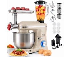 Vivid Green 2000W Keukenmixer - Vleesmolen, Blender & Pastamachine - Geschikt voor Zwaar Deeg - 6,2L Mengkom - Keukenmachine - Keukenrobot - Crème