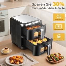 Airfryer – Heteluchtfriteuse – Dubbele Mand – Dubbele Lade – XXL Heteluchtoven – 11L Capaciteit – Verticaal Stapelbaar – PFAS-vrij – 2800W – 10 Kookprogramma’s – Sync & Match Functie — thumbnail 3