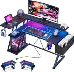 Gaming Bureau met LED Verlichting - 100 X 88 X 65 cm - L-Vormig Hoekbureau met Stopcontacten - Compact Game Bureau - Rek met 3 Niveaus - Met Monitor Standaard - Zwart Koolstofvezel — thumbnail 1