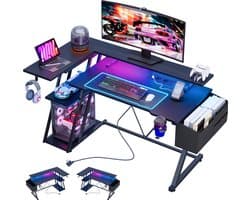 Gaming Bureau met LED Verlichting - 100 X 88 X 65 cm - L-Vormig Hoekbureau met Stopcontacten - Compact Game Bureau - Rek met 3 Niveaus - Met Monitor Standaard - Zwart Koolstofvezel