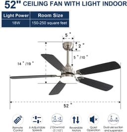 REDOM - Plafondventilator met LED-verlichting 52 inch - 5 bladen, afstandsbediening en 6 snelheden - Geborsteld nikkel — thumbnail 2