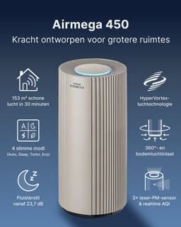 Coway Luchtreiniger AIRMEGA 450 – HEPA filter + koolstoffilter – voor grote ruimtes tot 191 m² - Tegen stof, pollen en allergenen - CADR 734 m³/u – energiebesparende modus – ECARF gecertificeerd - Air Purifier – Beige — thumbnail 4
