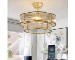 STILVORA Plafondventilator Met Verlichting – Kristaldesign En Dubbele Bediening – 50 Cm – ABS – Goud – Stil, Timer En Omkeerfunctie