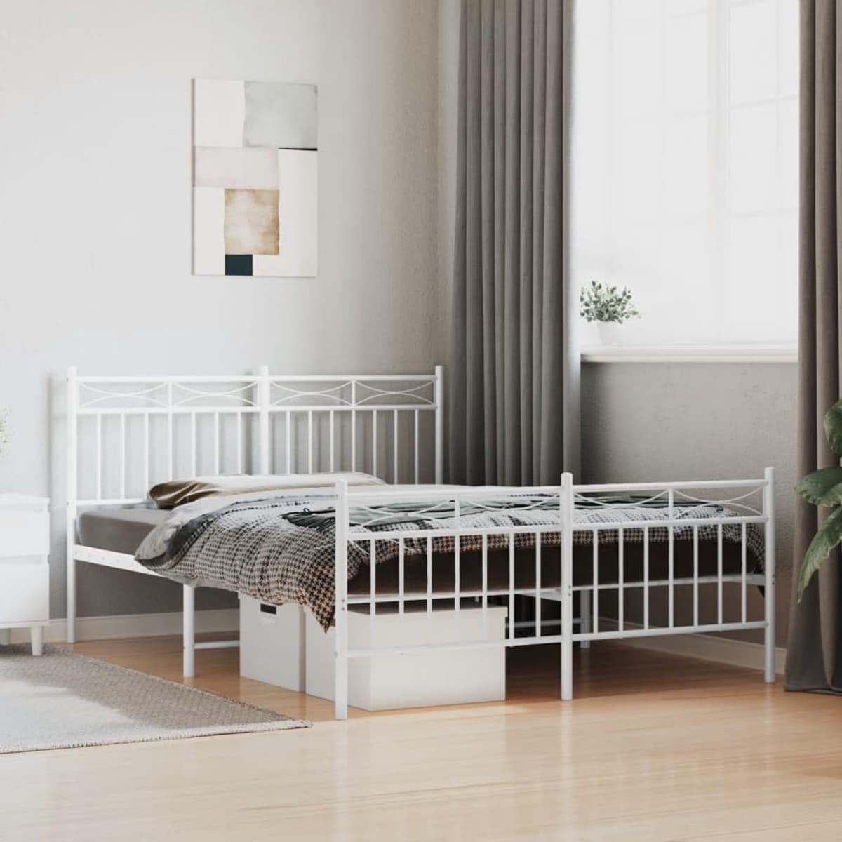 Bedframe met hoofd- en voeteneinde, metaal, wit, 140 x 190 cm, bedframe voor woonkamer, slaapkamer, hotelbedframe, geschikt voor slaapkamer — afbeelding 1
