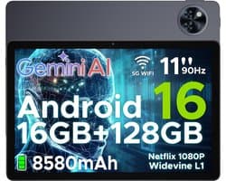 DOOGEE U11 - Tablet - Tablets - 16 GB RAM+ 128 GB ROM/TF 2TB - Android 16 - 11 inth 90 Hz - Dubbele boxluidsprekers - 8580 mAh - Face ID - 5G WiFi - Widevine L1 - GPS - Grijs