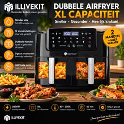 ILLIVEKIT Dubbele Airfryer XXL – 10L – 2800W – Dual Zone – 12 Kookprogramma’s – Touchscreen – 50-200°C – 360° Hetelucht – Zwart — thumbnail 2