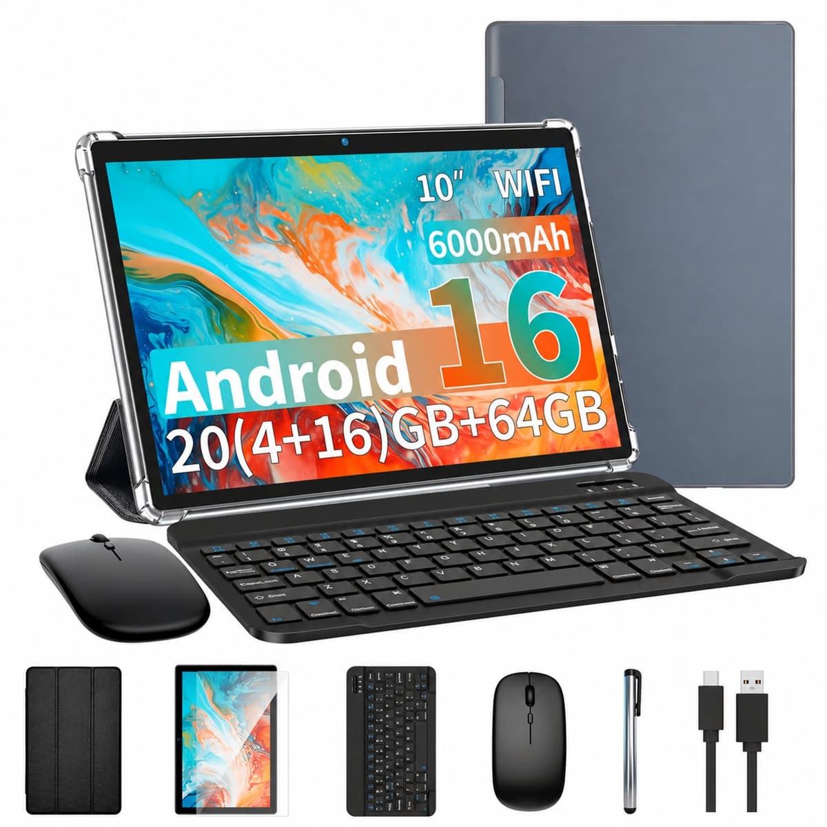 Tablet 10,1 Inch – Android 16 Tablet met 20GB RAM en 64GB Opslag – 6000mAh – WiFi – USB-C — afbeelding 1