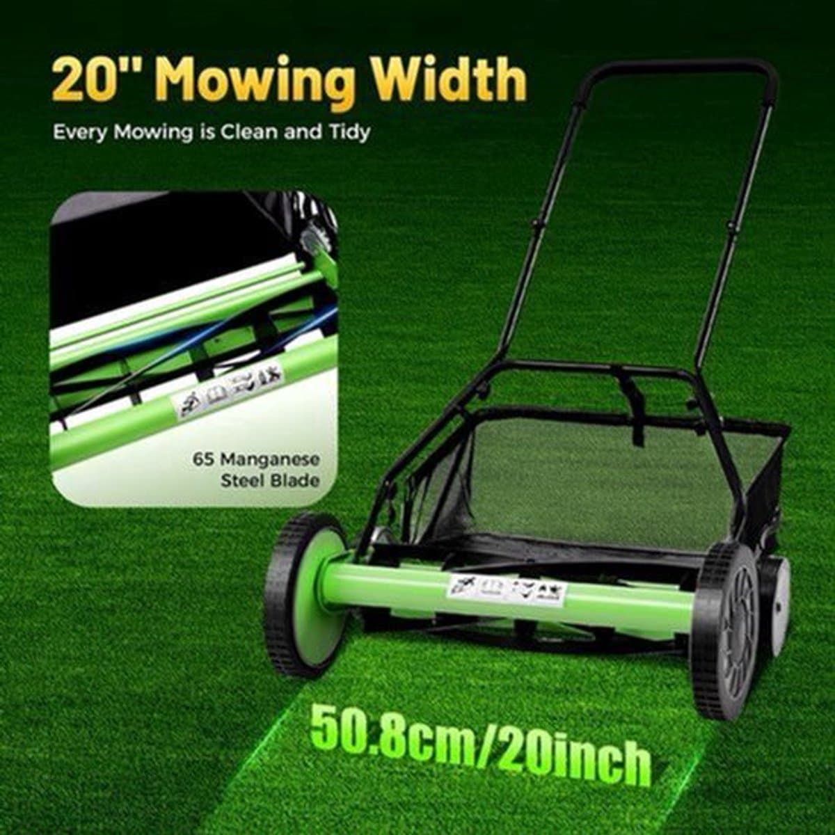 Handgrasmaaier – Handmaaier – Kooimesmaaier – Duwgrasmaaier – Gazonmaaier – 50,8 cm Maaibreedte – 9 Instelbare Maaihoogtes – 65-Mangaan Stalen Messen – Met Opvangzak – Groen — afbeelding 1