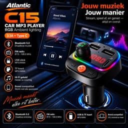 Atlantic® FM Transmitter Bluetooth 5.0 Auto – Bluetooth Adapter Autoradio – Carkit Handsfree Bellen – MP3 Speler – USB-C – 2x USB – 3.1A Quick Charge Autolader – RGB 7 Kleuren — thumbnail 3