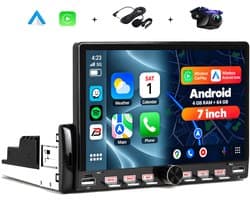 Boscer 1DIN Autoradio Universeel - 4+64GB Android 15 - Draadloze Apple CarPlay & Android Auto - 7 Inch HD IPS Touchscreen - Met Interne Koeling & Vernieuwd Bedieningspaneel - GPS, Bluetooth, WiFi - Achteruitrijcamera & Microfoon