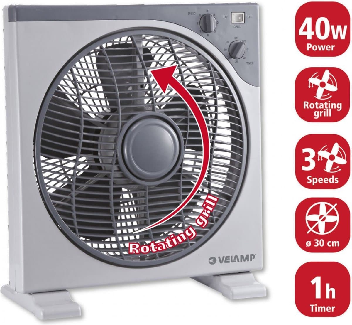 Box Fan Ventilator - 30cm - Kunststof - 3 Snelheden - met Timer - Grijs -veilig propeller afgesloten voor kindervingers. — afbeelding 1