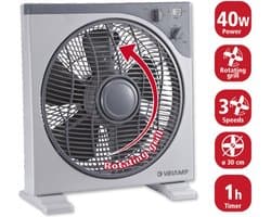 Box Fan Ventilator - 30cm - Kunststof - 3 Snelheden - met Timer - Grijs -veilig propeller afgesloten voor kindervingers.