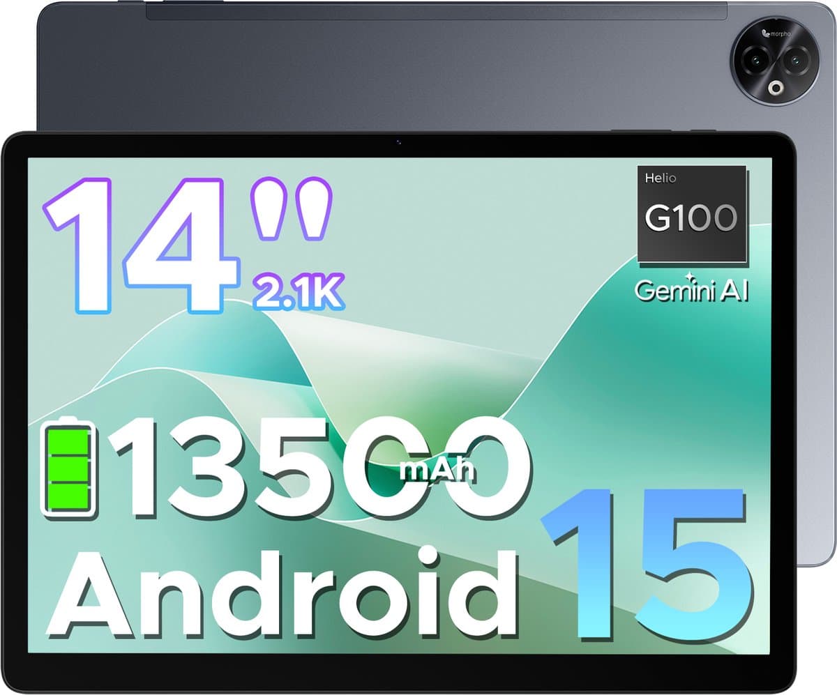 DOOGEE Tab E3 Max - Tablet - 32GB ROM+256GB ROM（2TB TF）- Android 15 - 14 inth IPS - 4G LTE - Gemini AI - Helio G100 - 13500mAh/18W - Quad Speakers - Face ID - 5G Wi-Fi - A GPS - GPS - Grijs — afbeelding 1
