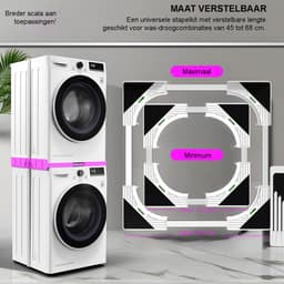Ultradunne Universele Stapelset voor Wasmachine en Droger - Diepte Verstelbaar 45-68 cm - Wit - Inclusief Zwarte Ratelband + 4 Haken - TÜV Getest - Ruimtebesparend Tussenframe - Trillingsarm en Veilig — thumbnail 4