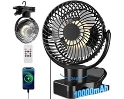 Draagbare 360° Oscillatie USB Tafelventilator met Afstandsbediening en Timer - Stille Campingventilator met 10.000 mAh Accu voor Handig Gebruik