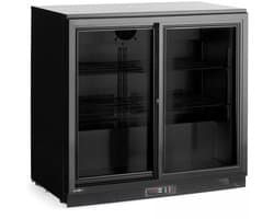 HENDI Achterbar koelkast - staal met poedercoating en gehard glas - dubbelglas schuifdeuren, slot en geventileerde koeling - 90x52x87 cm - zwart - 158 liter - horeca