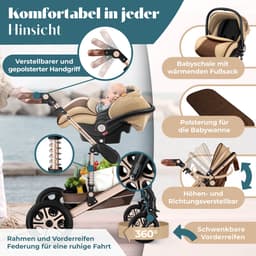 KESSER® Kinderwagen 3 in 1 Loops Wandelwagen Set incl. Autostoel & Reiswieg & Buggy Sportzitje - Massieve Rubberbanden - Luiertas / Regenhoes - Bruin / Champagne — thumbnail 2
