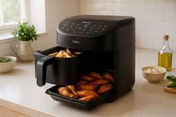 Heteluchtfriteuse – Airfryer – Luchtkoker - Friteuse - Elektrische Airfryer - Dubbele Lagen – Overlappend – Slimme Wifi – 11L – XL Capaciteit – Ruimtebesparend – Touch Display – Snelle Verwarming – Vetarm — thumbnail 4